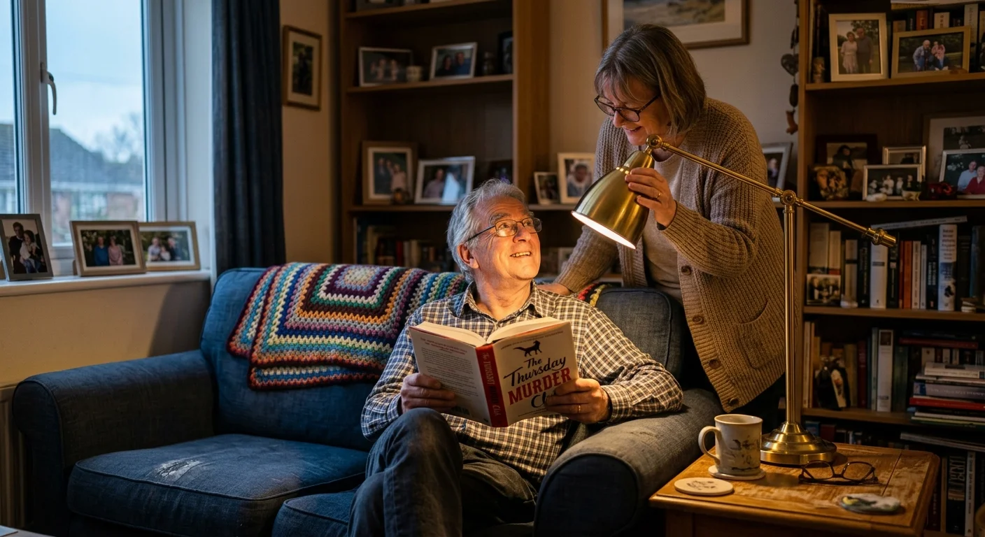 Candid photo of an older man reading on a couch while his partner adjusts a brass reading lamp to help him see better.