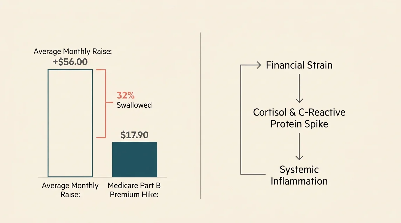 Clean horizontal infographic illustrating how a $17.90 premium hike eats 32% of a $56 raise, leading to biological stress.