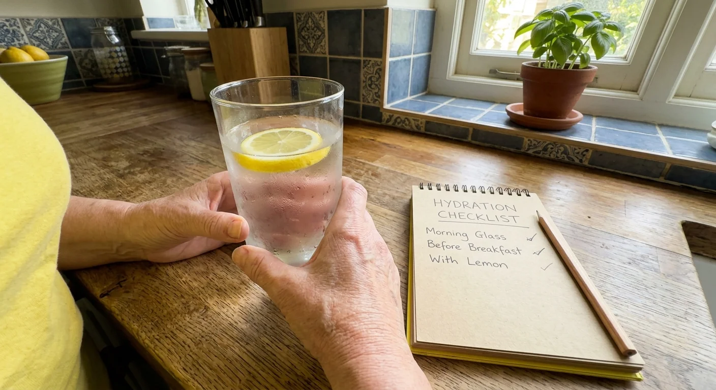 Close-up of a senior woman's hands holding a cold glass of lemon water next to a daily hydration checklist on her kitchen counter.