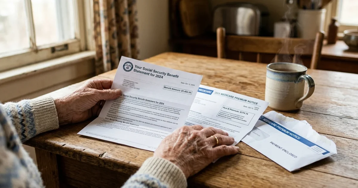 Close-up of a senior's hands on a wooden table next to a Social Security statement and a Medicare notice, in warm morning light.