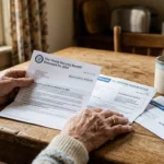 Close-up of a senior's hands on a wooden table next to a Social Security statement and a Medicare notice, in warm morning light.