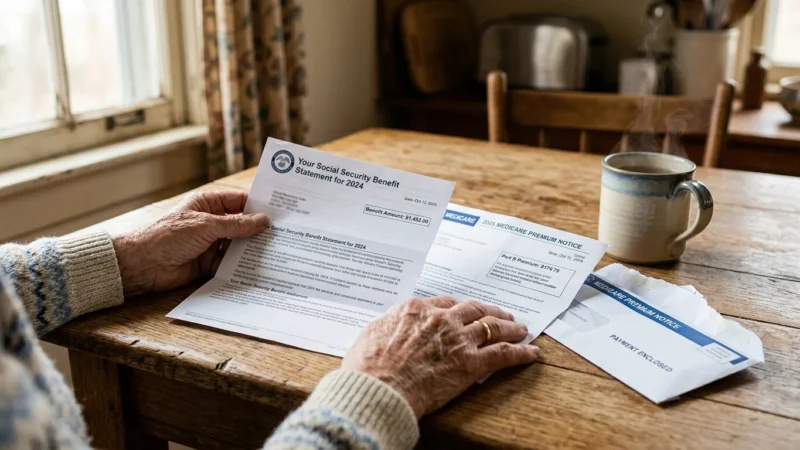 Close-up of a senior's hands on a wooden table next to a Social Security statement and a Medicare notice, in warm morning light.