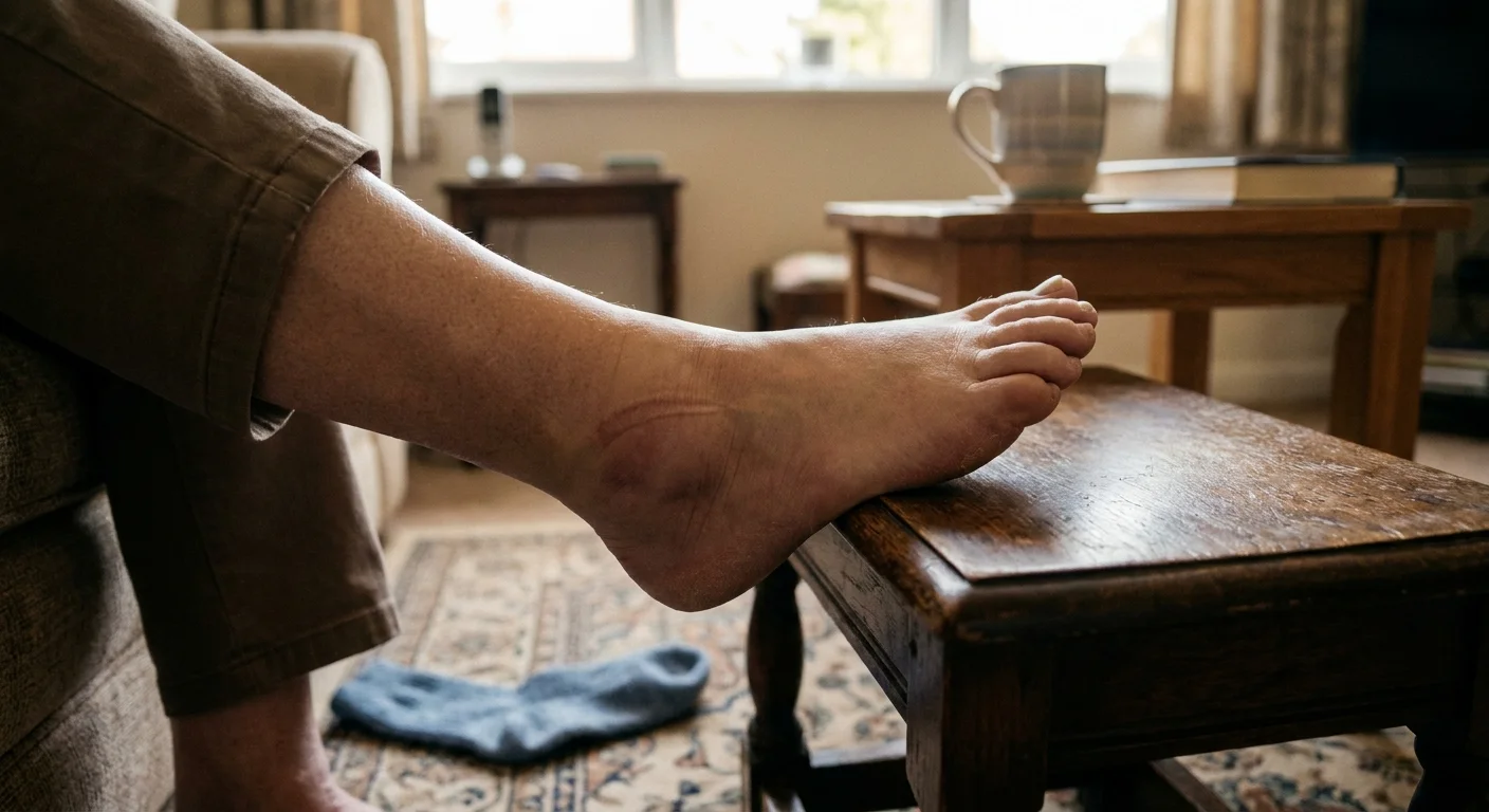 Close-up photograph of a senior's ankle with a soft indentation from a sock line, demonstrating a quiet sign of fluid retention.
