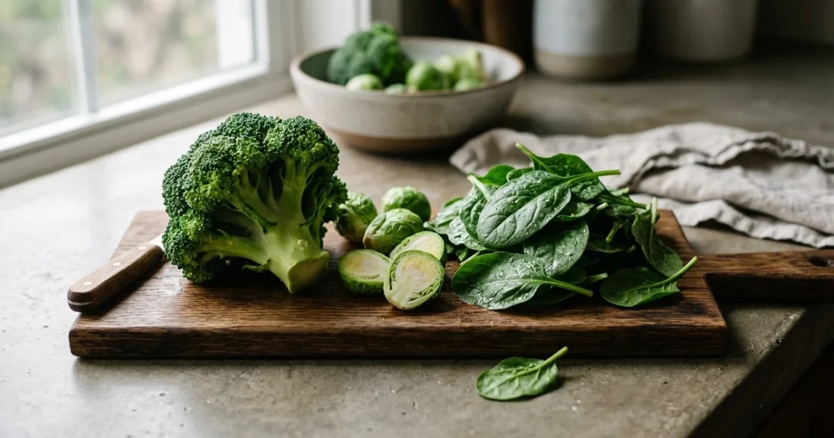 Fresh broccoli, halved Brussels sprouts, and spinach leaves arranged on a rustic wooden cutting board in natural morning light.