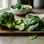 Fresh broccoli, halved Brussels sprouts, and spinach leaves arranged on a rustic wooden cutting board in natural morning light.
