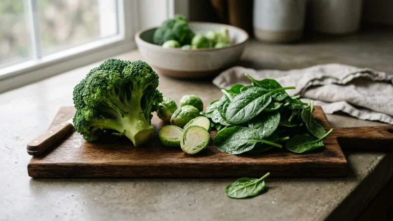 Fresh broccoli, halved Brussels sprouts, and spinach leaves arranged on a rustic wooden cutting board in natural morning light.
