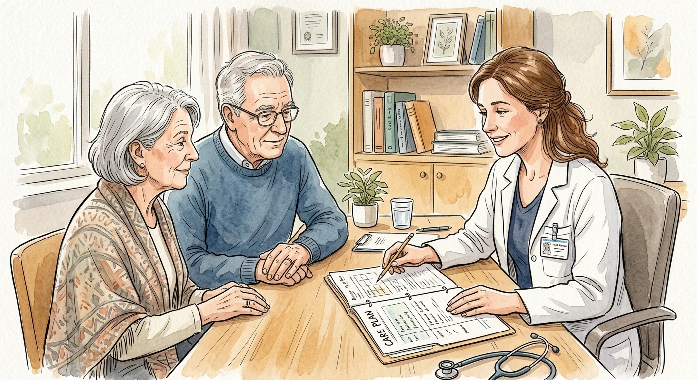 Ink and watercolor illustration of a doctor and an older couple reviewing a medical file together in a warm, welcoming office.
