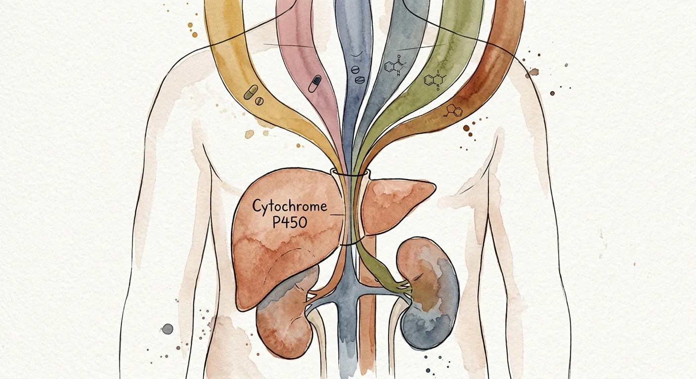 Ink and watercolor illustration of a stylized liver bottlenecking different colored streams of medicine labeled Cytochrome P450.