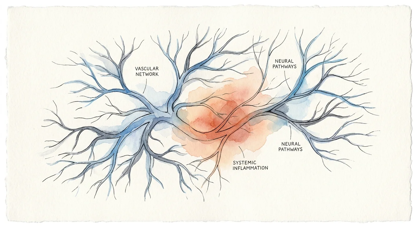 Watercolor and ink illustration of a vascular-like branch network with a soft, warm smoldering glow at its center.