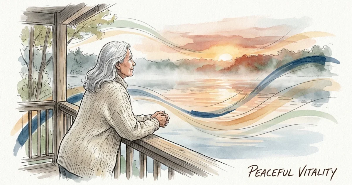 Watercolor illustration of a senior looking out at a serene sunrise over a misty lake, symbolizing health, vitality, and mindfulness.