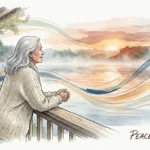Watercolor illustration of a senior looking out at a serene sunrise over a misty lake, symbolizing health, vitality, and mindfulness.