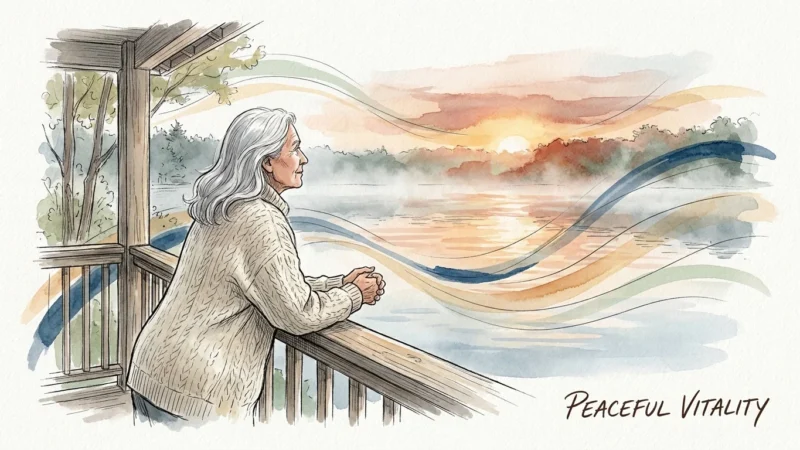 Watercolor illustration of a senior looking out at a serene sunrise over a misty lake, symbolizing health, vitality, and mindfulness.