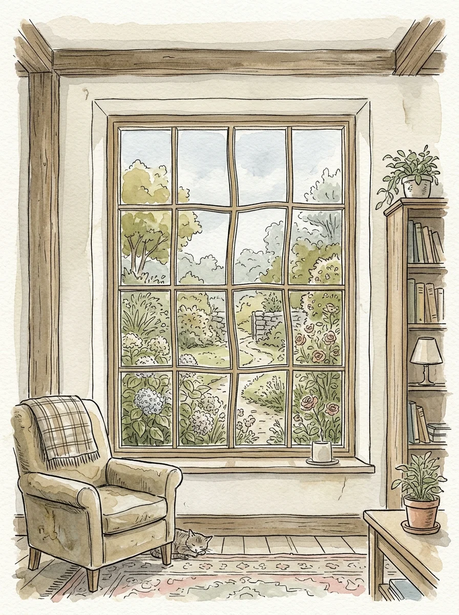 Watercolor illustration of a window frame where the central wooden panes warp and bend, illustrating the visual distortion of metamorphopsia