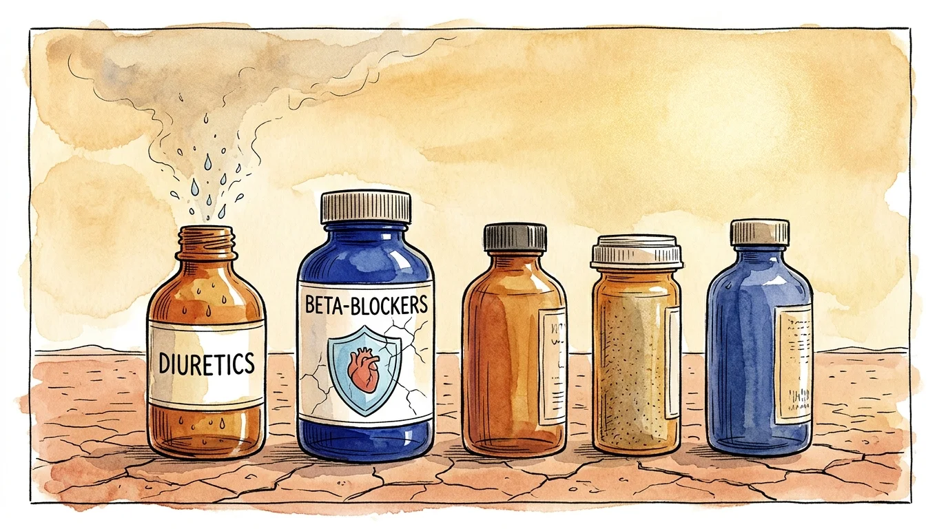 Watercolor illustration of stylized medicine bottles labeled Diuretics and Beta-Blockers under a hot, shimmering sun.