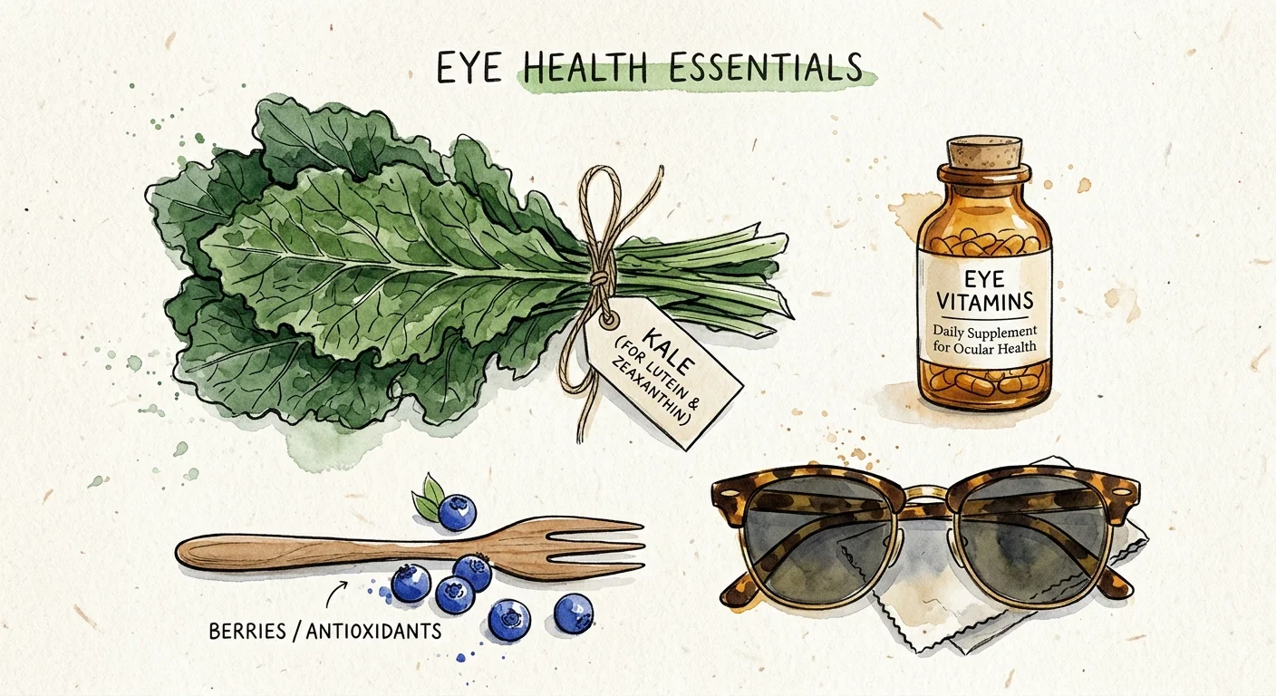 Watercolor sketch of kale, tortoiseshell sunglasses, and an amber vitamin bottle on a textured cream background.