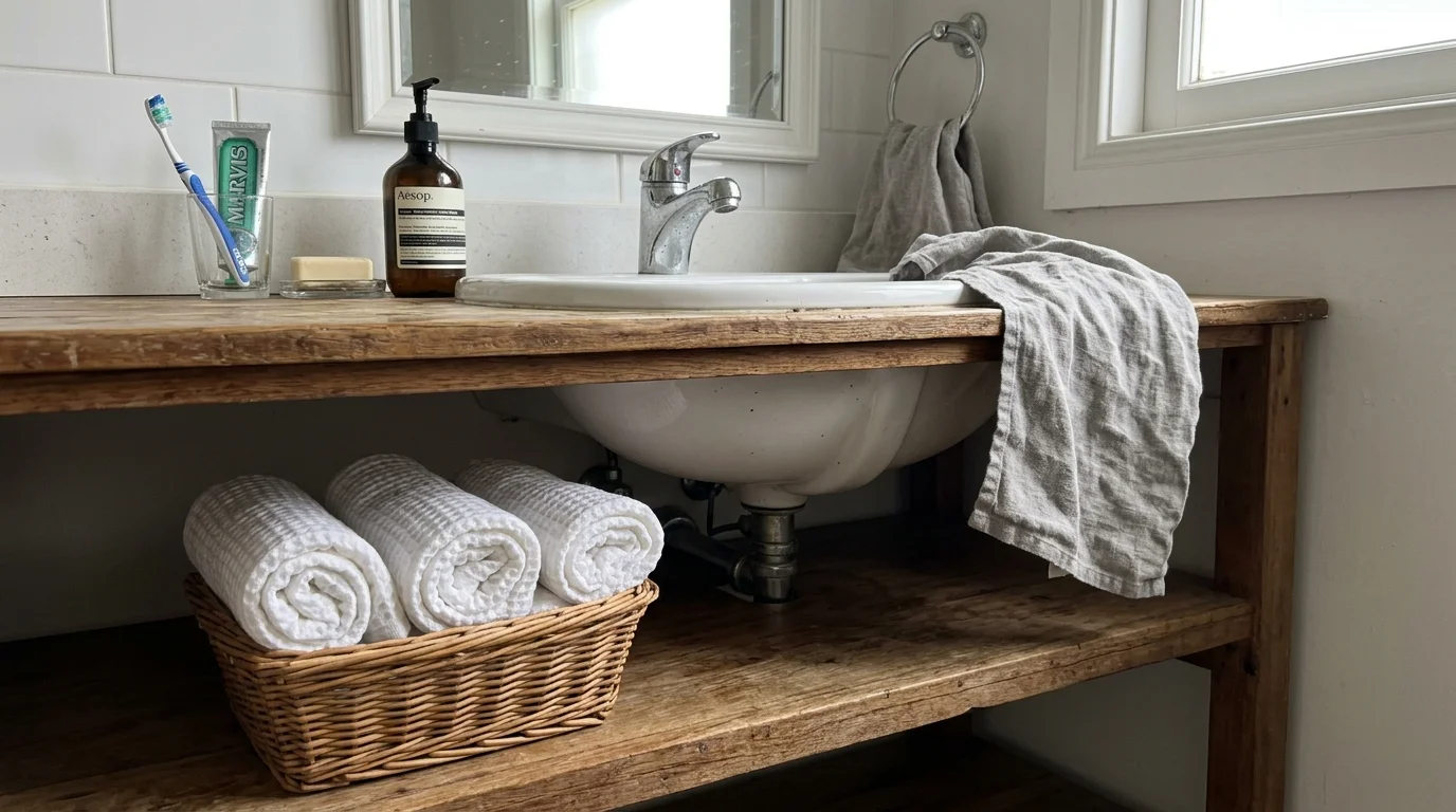 Bathroom vanity with a sink, a draped gray towel, and rolled white waffle towels in a wicker basket below.