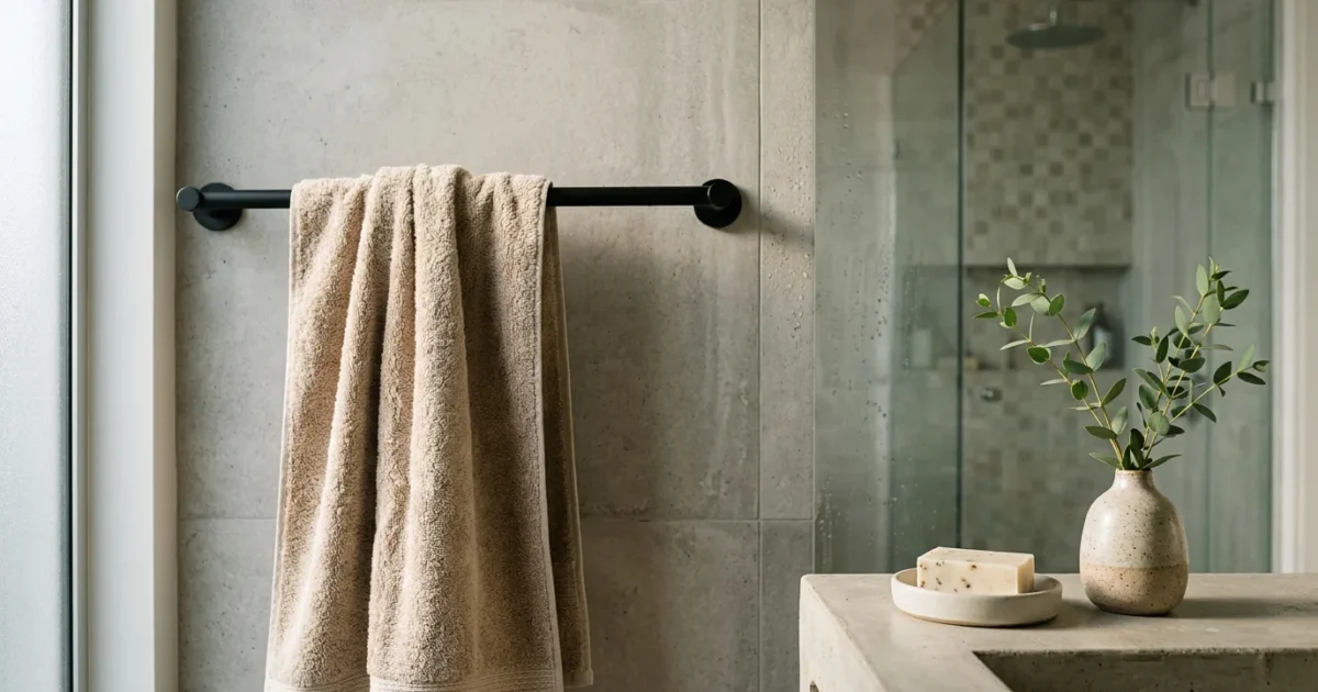 Beige bath towel hanging on a black towel bar beside a concrete sink with bar soap and a potted plant in a modern bathroom.