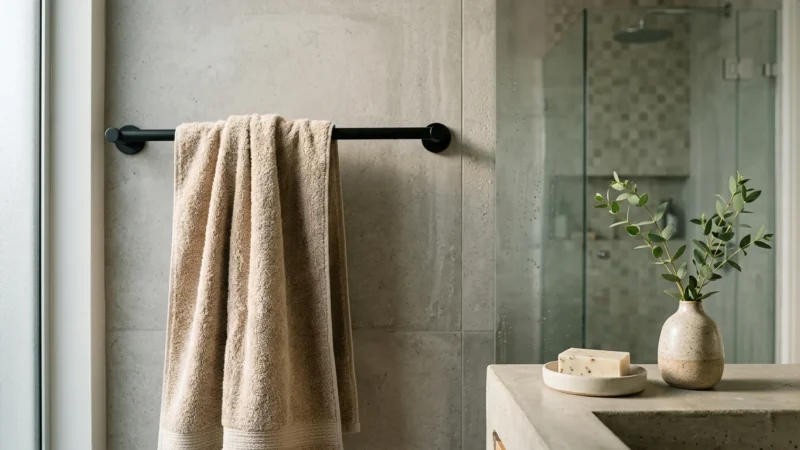 Beige bath towel hanging on a black towel bar beside a concrete sink with bar soap and a potted plant in a modern bathroom.