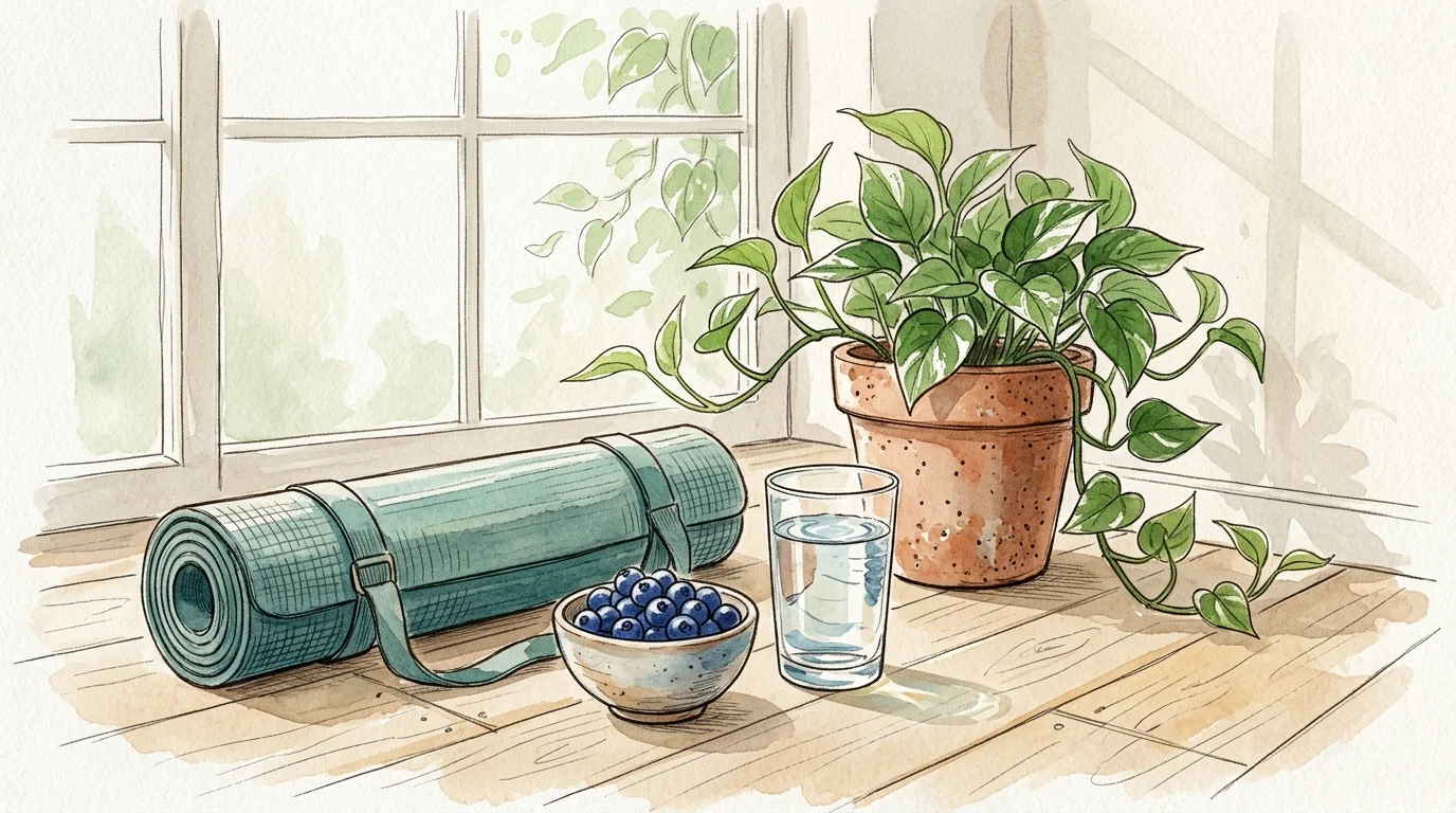 A calm watercolor illustration of a rolled-up yoga mat, a bowl of blueberries, a glass of water, and a green plant in a sunlit room.
