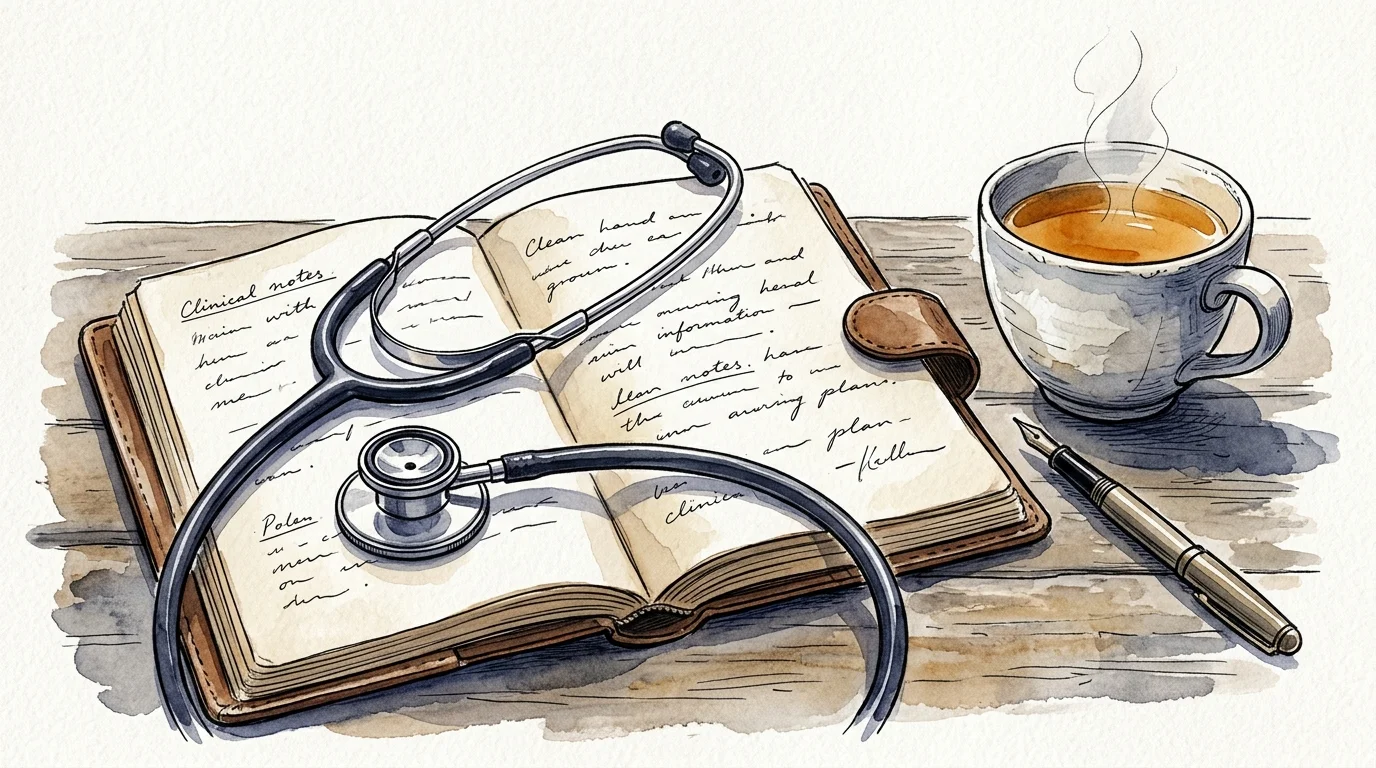 A calm watercolor illustration of a stethoscope resting on a journal next to a warm cup of tea.
