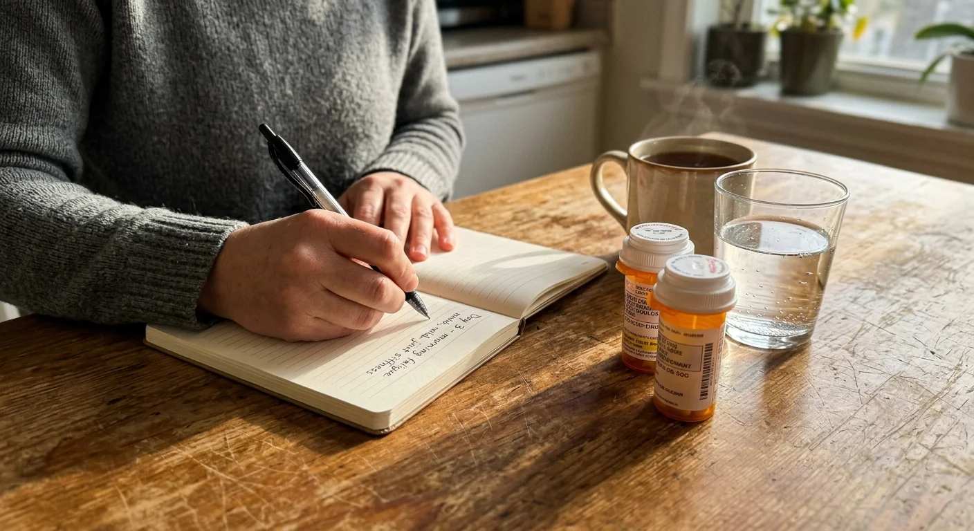 A candid photo of a person's hands writing symptoms in a paper journal next to prescription pill bottles on a sunlit wooden table.