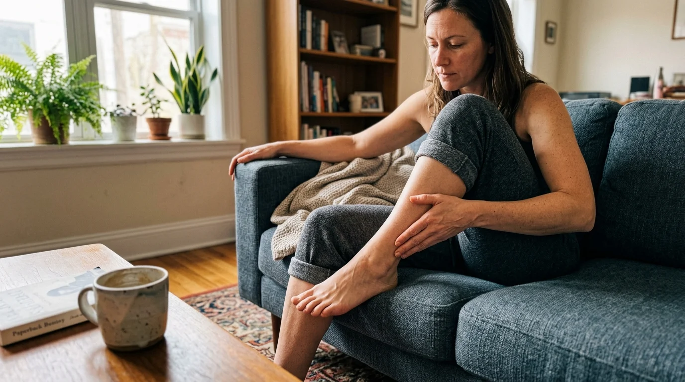 A candid photograph of a person checking their calf for swelling while sitting on a cozy living room sofa.