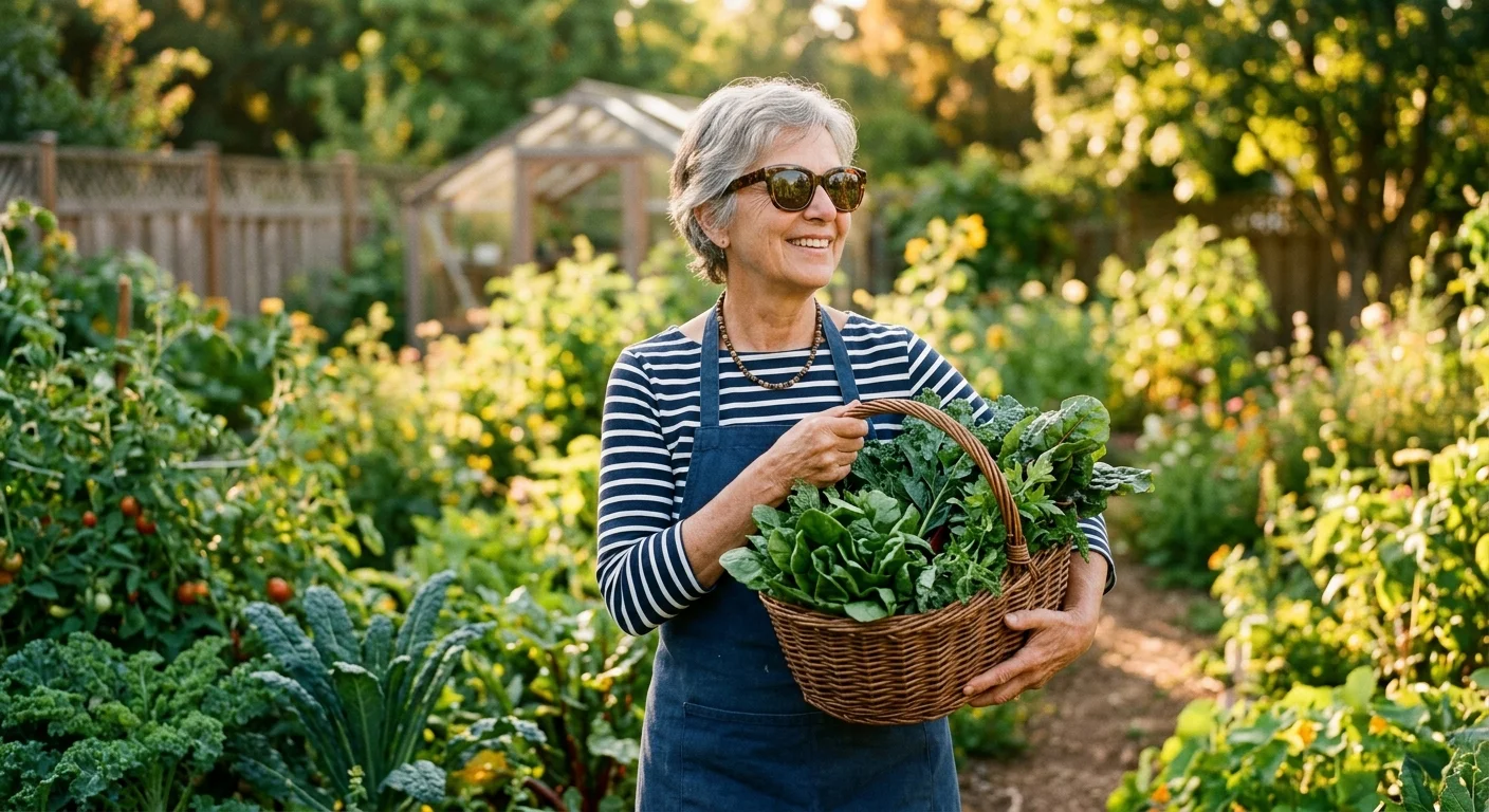 A candid photograph of an older woman in a sunlit garden, wearing UV-blocking sunglasses and holding a basket of fresh dark leafy greens.