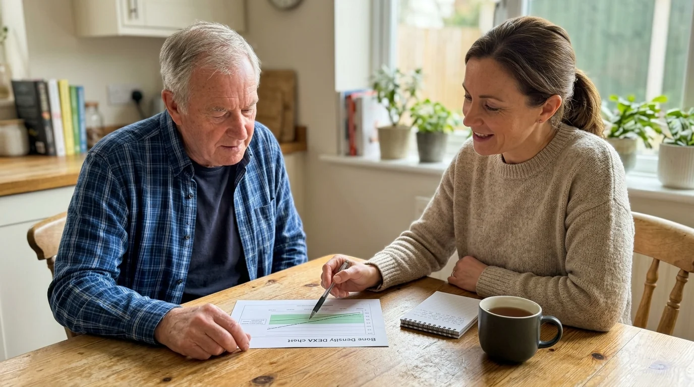 A candid shot of an older man and a nutritionist discussing a bone density chart at a warm kitchen table.
