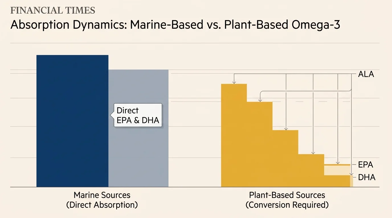 A clean comparative bar chart showing direct absorption of marine omega-3s versus the multi-step conversion of plant-based sources.