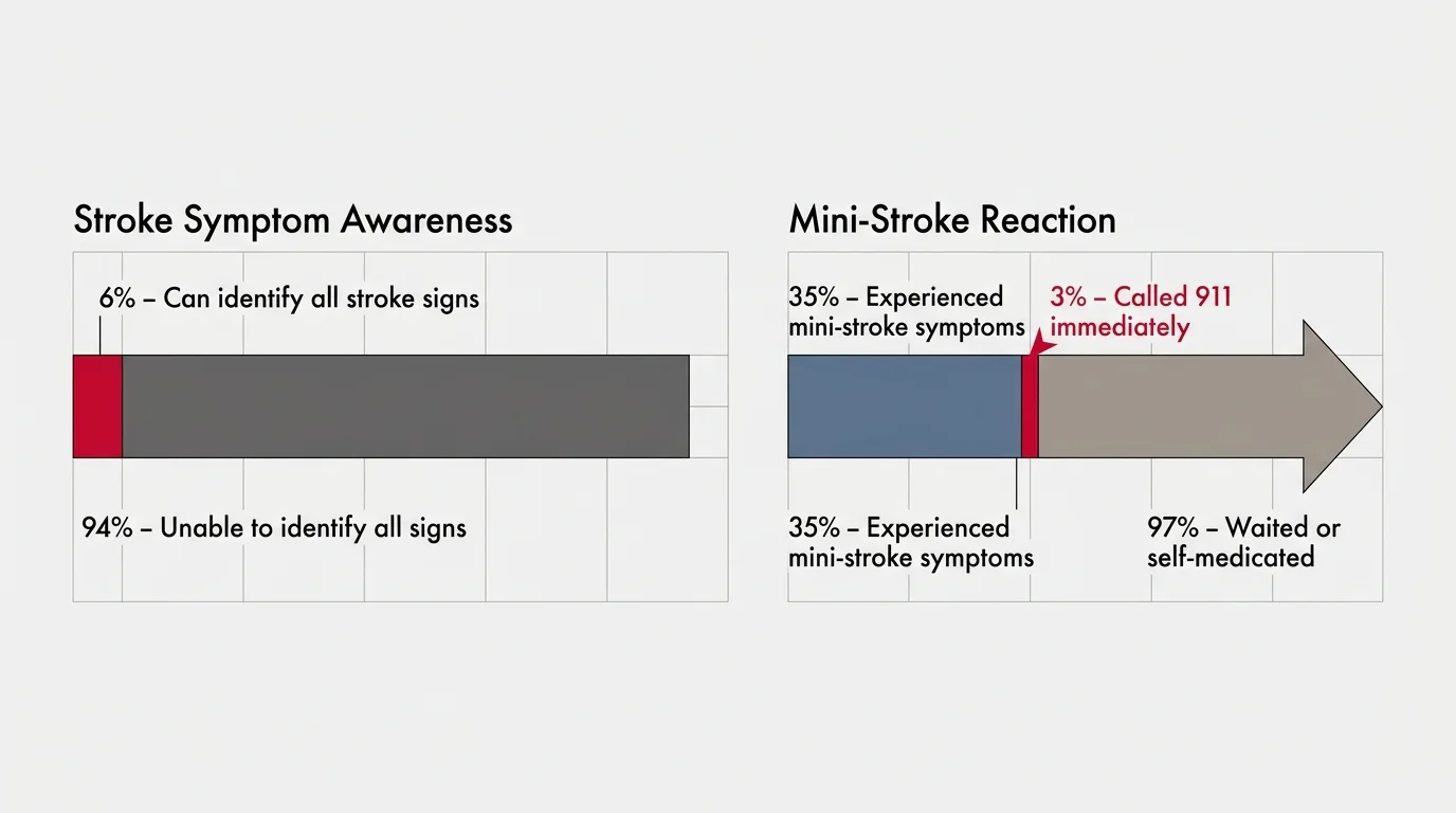 A clean, horizontal diagram showing statistics on stroke symptom awareness and reaction times.