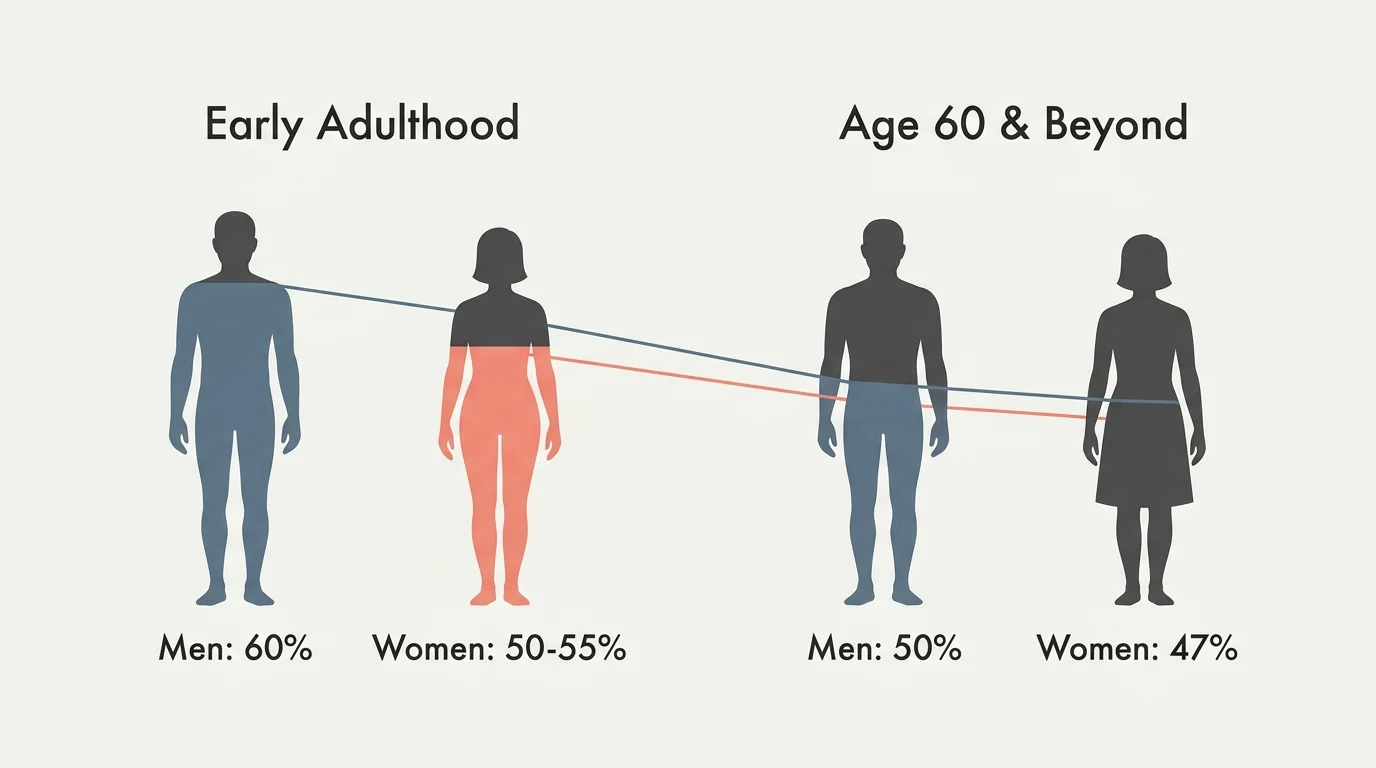 A clean horizontal infographic comparing body water percentages in early adulthood versus age 60 and beyond.