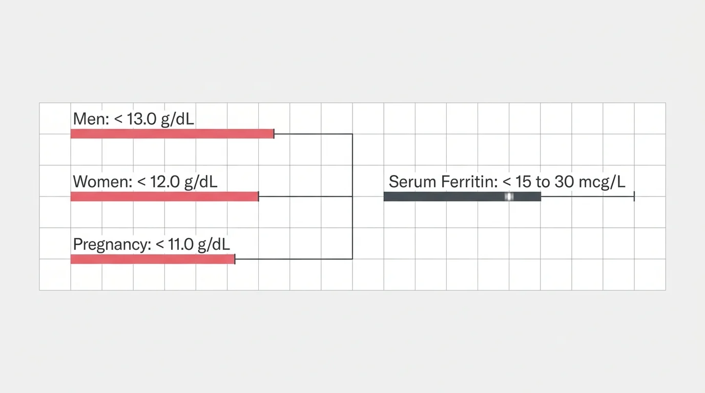 A clean medical data diagram showing hemoglobin and ferritin thresholds for anemia diagnosis.