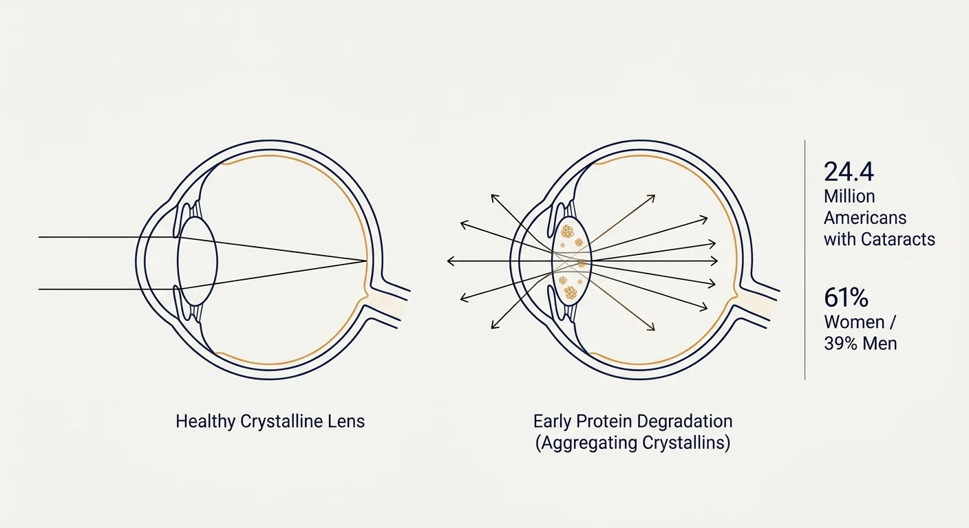 A clean medical diagram comparing healthy light focus to scattered light from early protein clumping, with demographic stats.