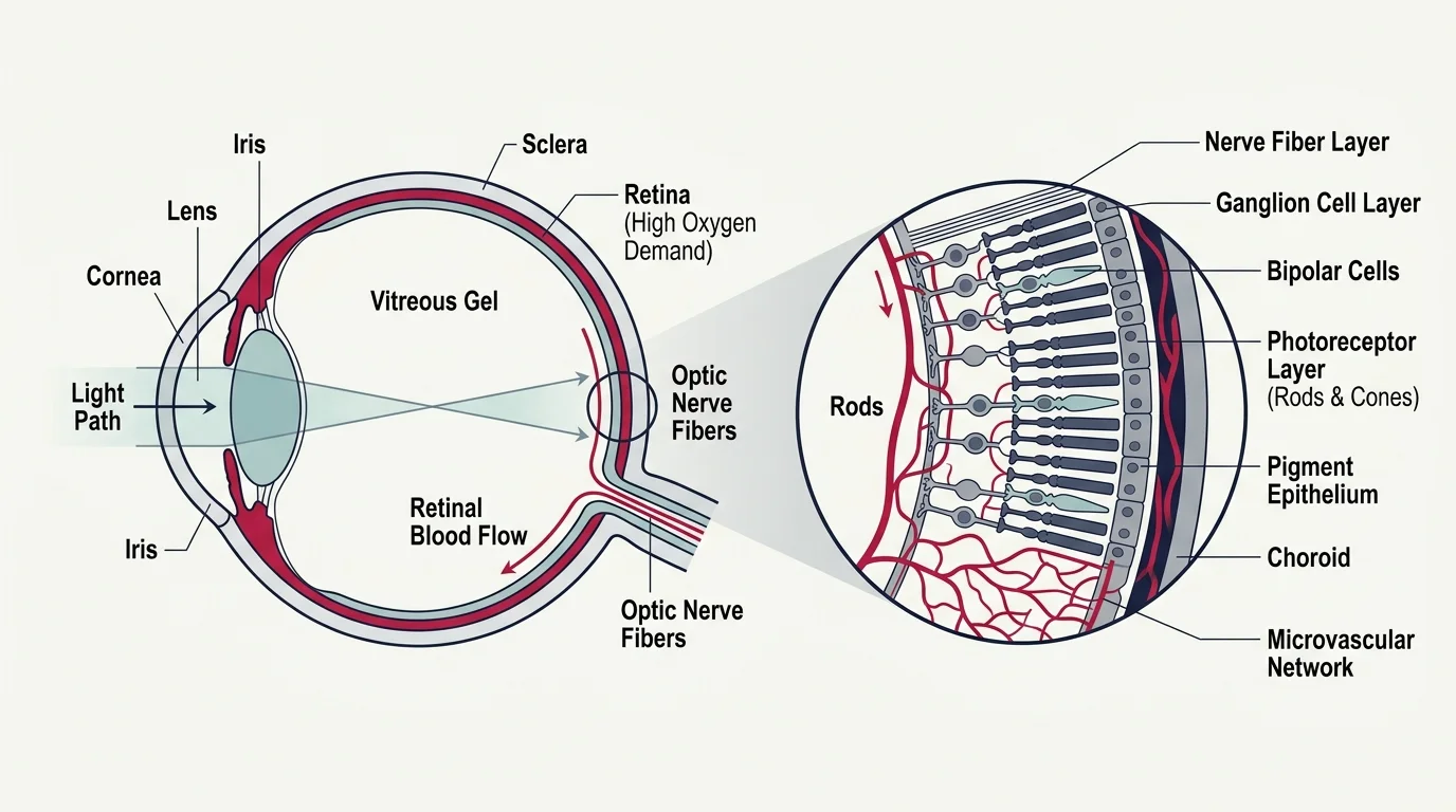 A clean medical diagram showing a cross-section of the human eye, detailing the retina, optic nerve, and microvascular blood flow.