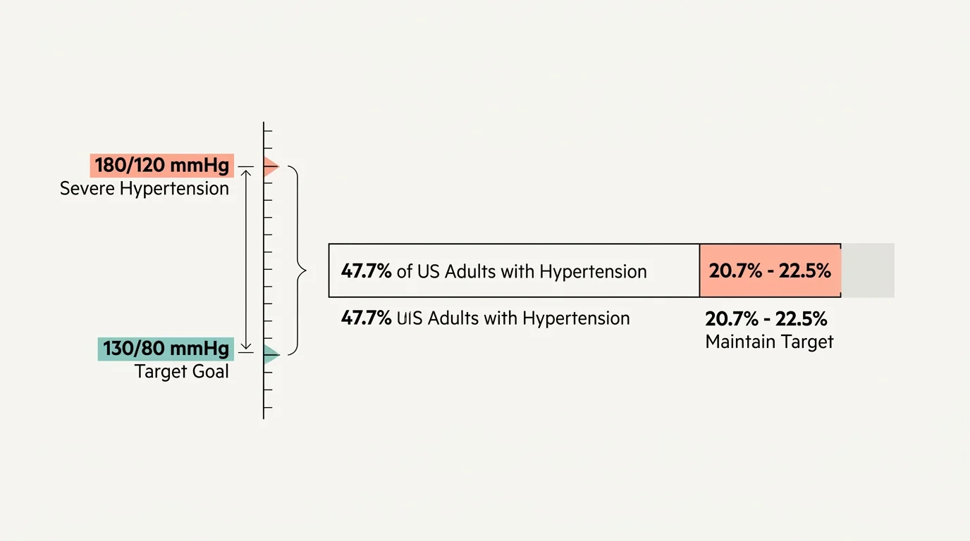 A clean medical infographic showing the gap between those diagnosed with hypertension and those successfully meeting the 130/80 target.