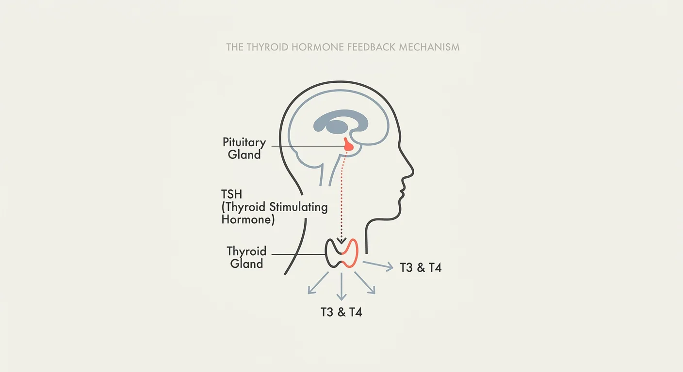 A clean, minimalist medical diagram showing the feedback loop between the brain's pituitary gland and the thyroid.