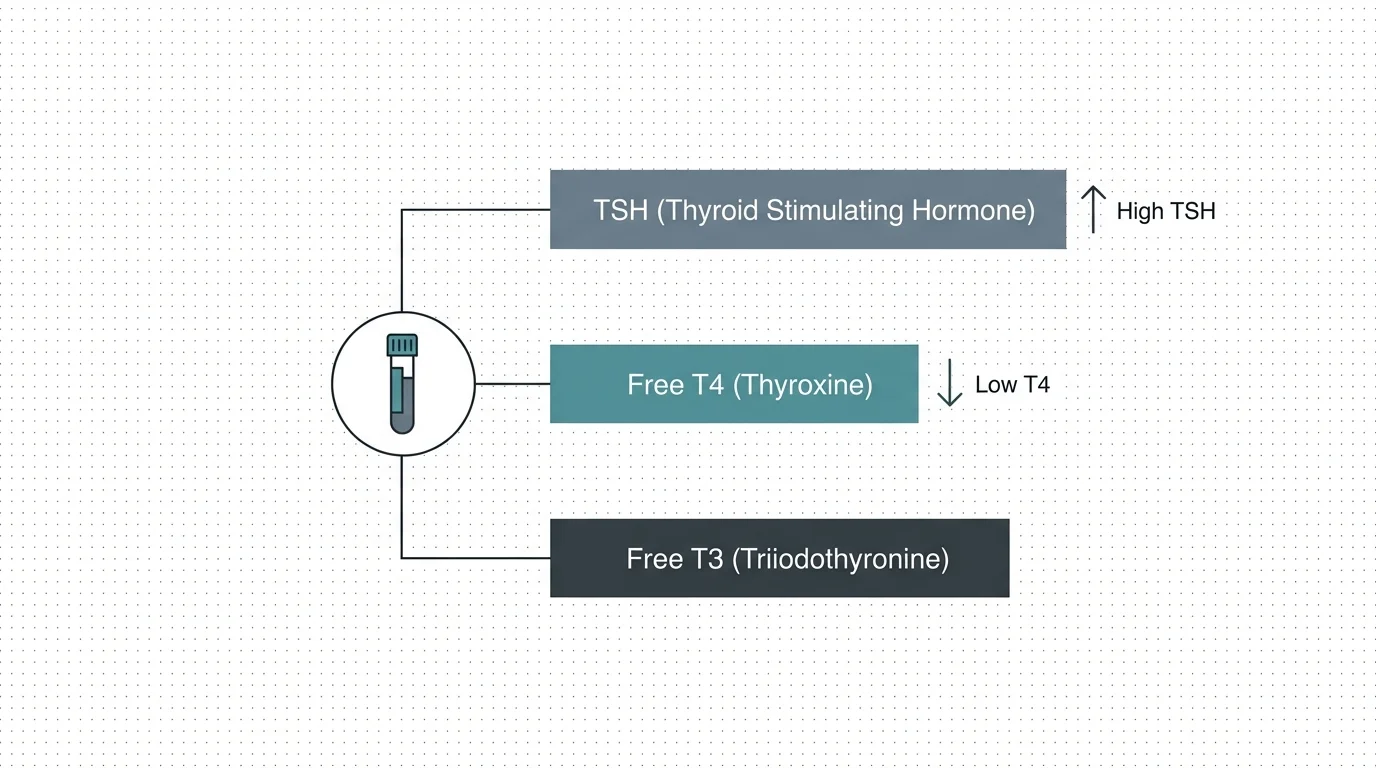 A clean, minimalist medical diagram showing the relationship between TSH, Free T4, and Free T3 blood tests.