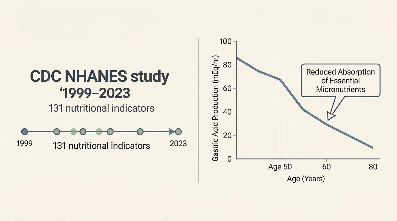 A clean, modern infographic illustrating the decline of gastric acid output after age 50 and referencing CDC NHANES biomarker data.