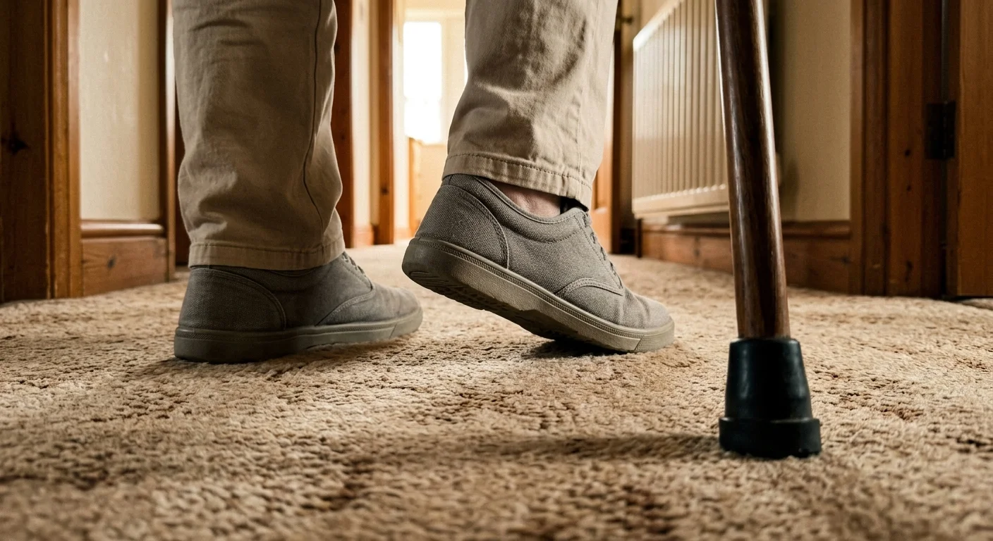 A close-up documentary photograph of a senior's feet in canvas shoes walking down a hallway with the aid of a wooden cane.