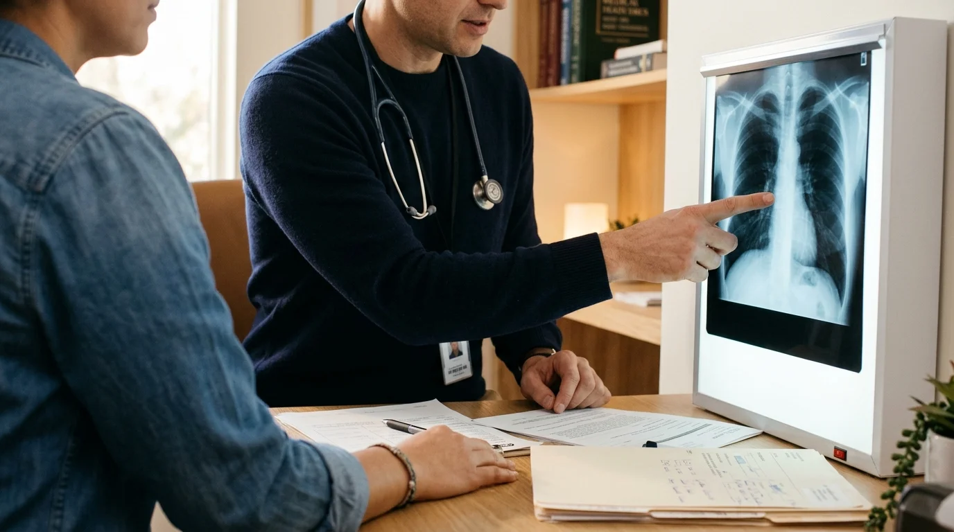 A close-up of a doctor explaining a chest X-ray to a patient in a warm, naturally lit office.