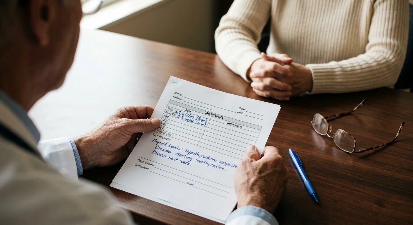 A close-up of a doctor's hands holding a medical chart during an empathetic consultation with a patient.