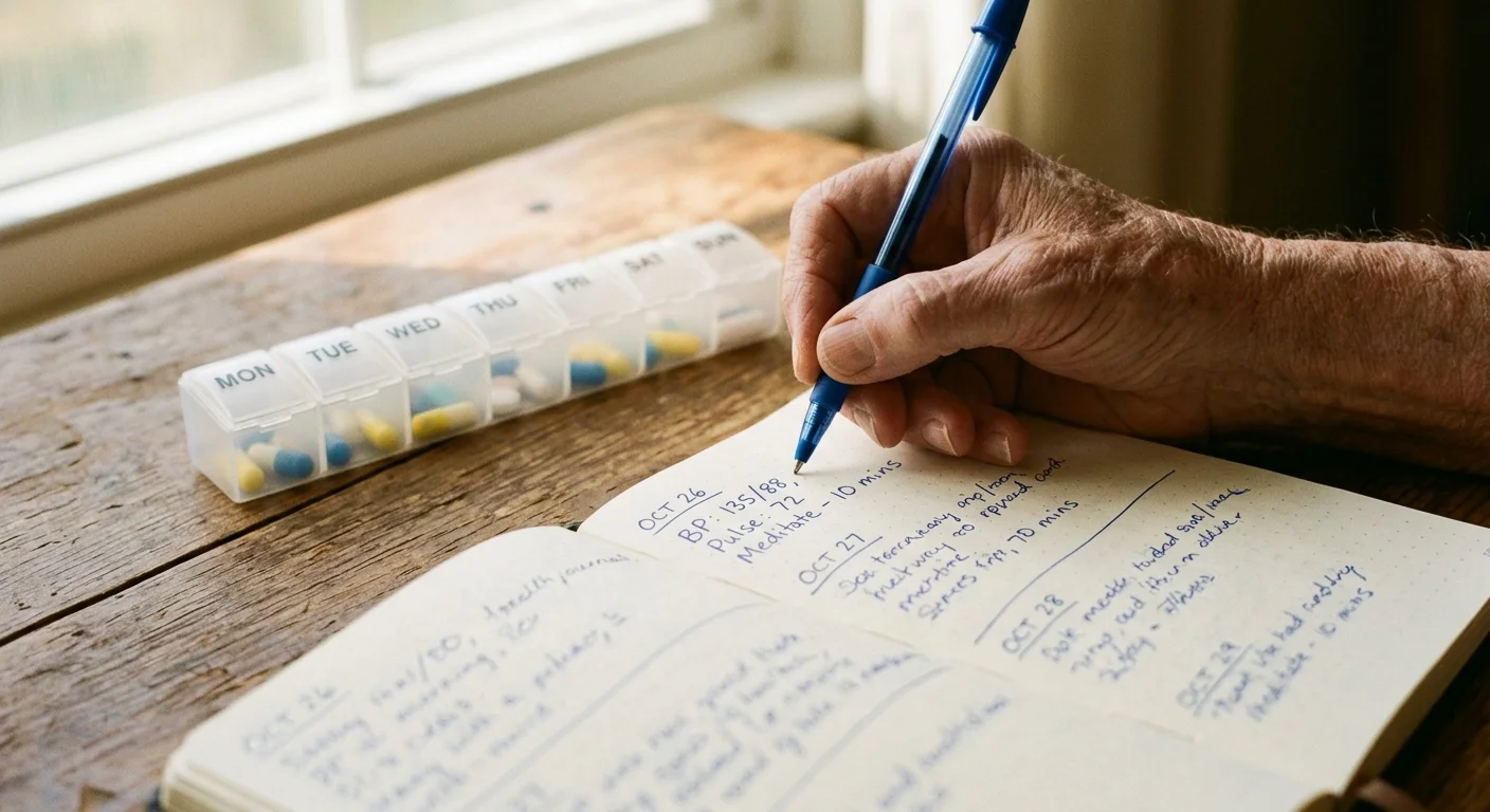 A close-up of a hand recording daily health readings in a paper journal next to a weekly pill organizer.