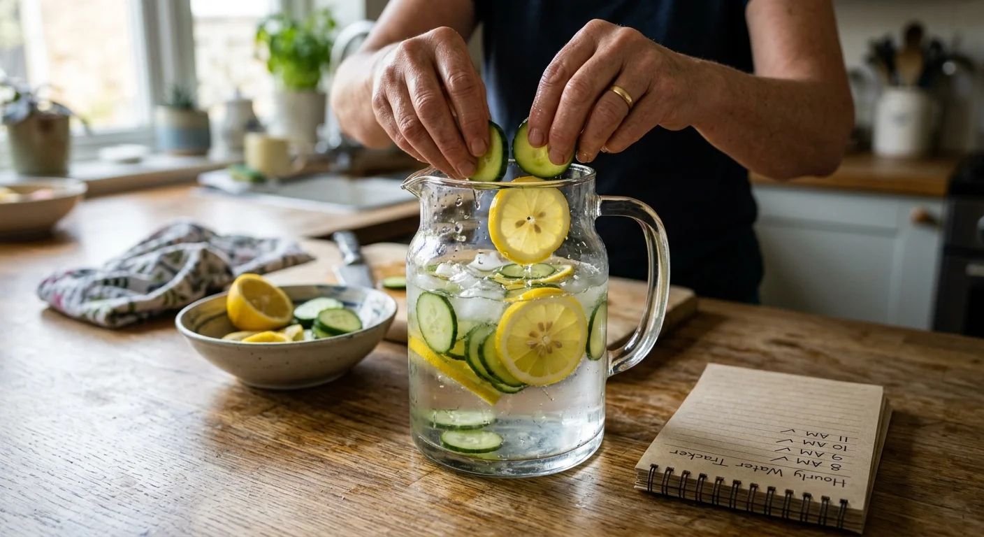 A close-up of hands prepping fruit-infused water next to a handwritten hourly water tracker note on a kitchen counter.