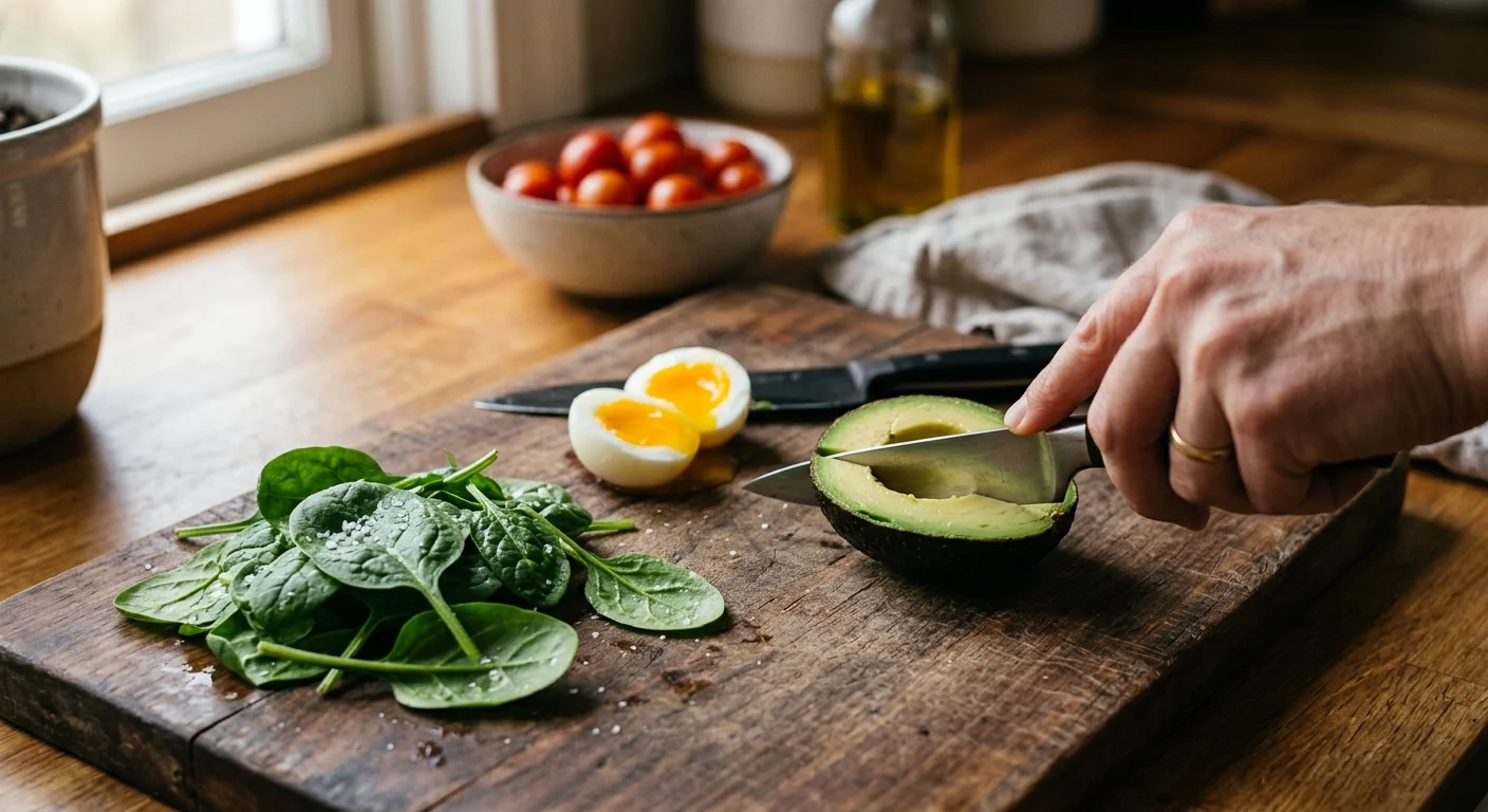 A close-up photo of fresh avocado, a soft-boiled egg, and green spinach being prepared on a wooden cutting board.