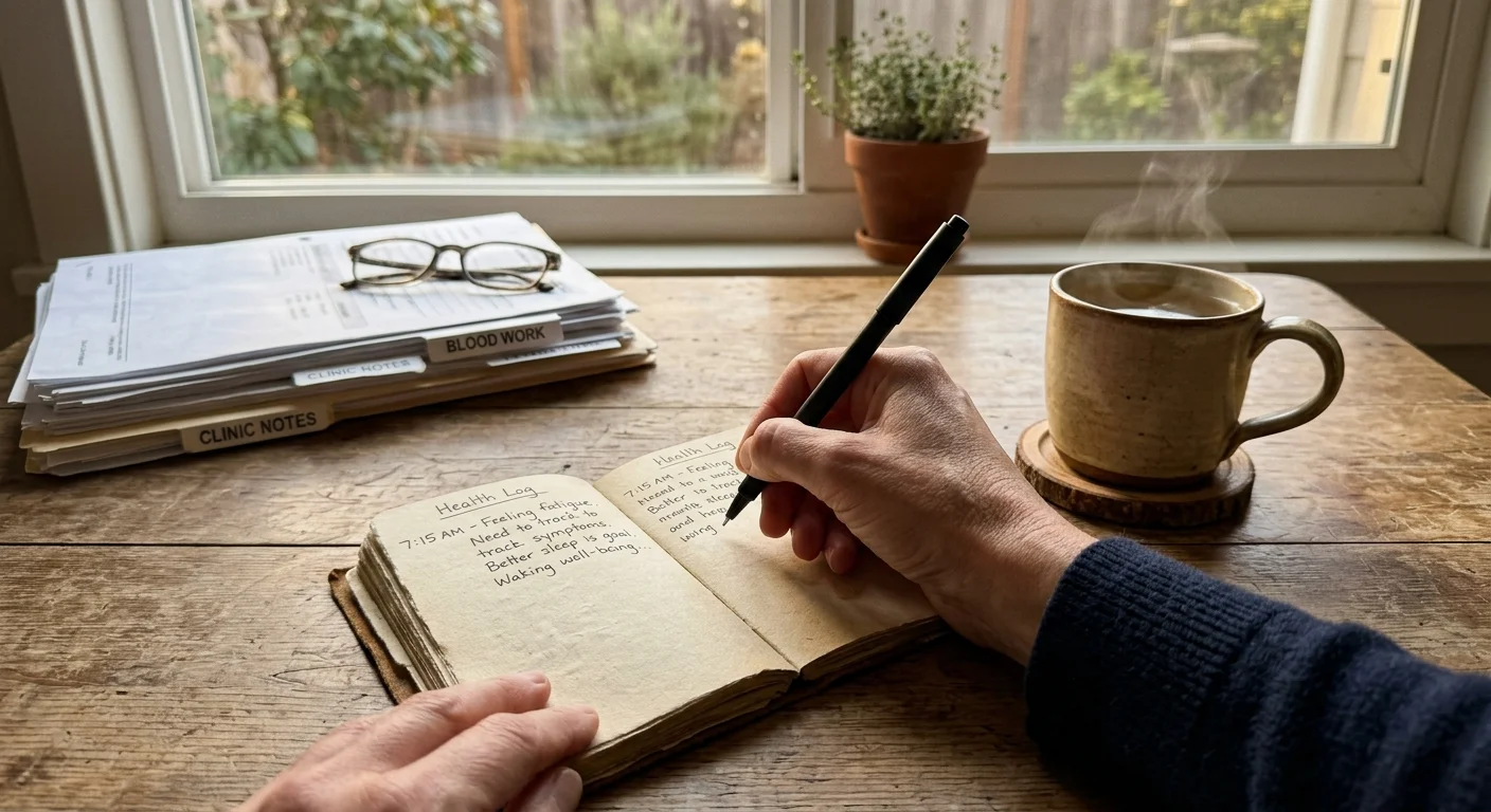 A close-up photo of hands writing down daily physical symptoms in a notebook on a sunlit kitchen table.