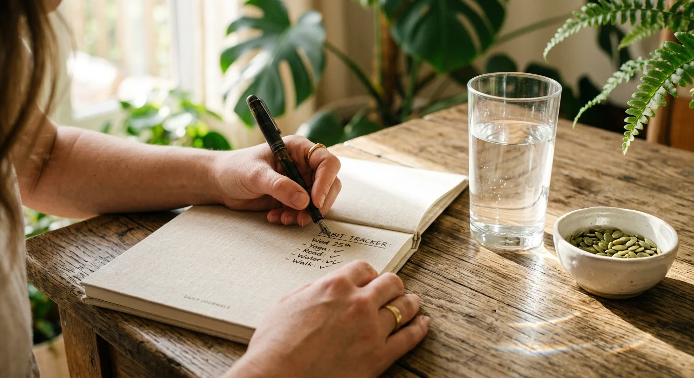 A close-up photograph of a person tracking habits in a linen journal next to a sunlit glass of water and a small bowl of seeds.