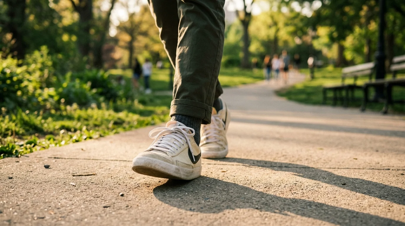 A close-up photograph of a person walking on a sunlit park path, highlighting active movement for cardiovascular wellness.