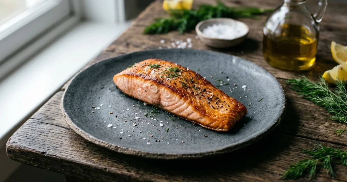 A close-up photograph of a seared Atlantic salmon fillet on a dark ceramic plate with fresh dill and salt on a rustic wooden table.