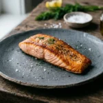 A close-up photograph of a seared Atlantic salmon fillet on a dark ceramic plate with fresh dill and salt on a rustic wooden table.