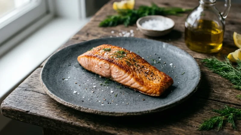 A close-up photograph of a seared Atlantic salmon fillet on a dark ceramic plate with fresh dill and salt on a rustic wooden table.